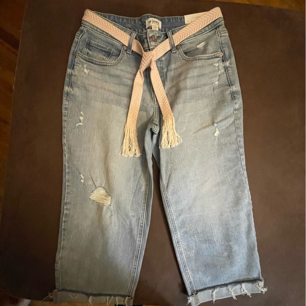 Maurices Light Blue Distressed Boyfriend Jeans with Pink Braided Belt